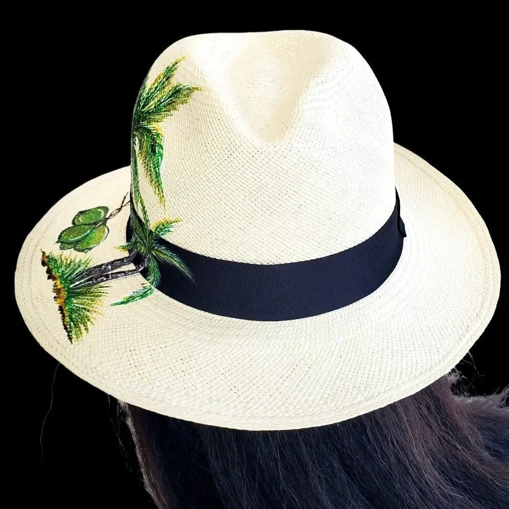 Panama Hat Medium Straw Woven Hand Painted Ecuador Beige NWOT
